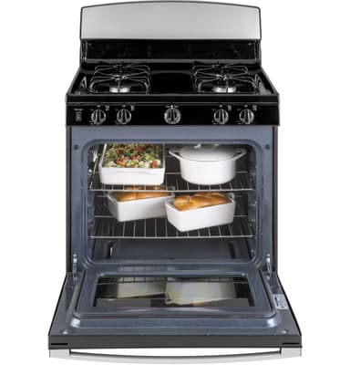 GE JGBS30RETSS gas range with oven open and food arranged inside