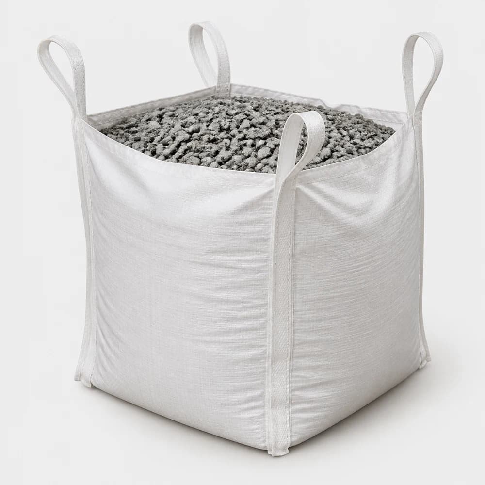 One cubic yard white bulk bag filled with crushed stone