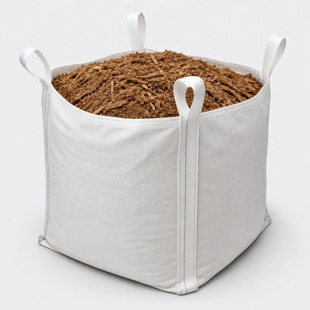 One cubic yard white bulk bag filled with brown mulch
