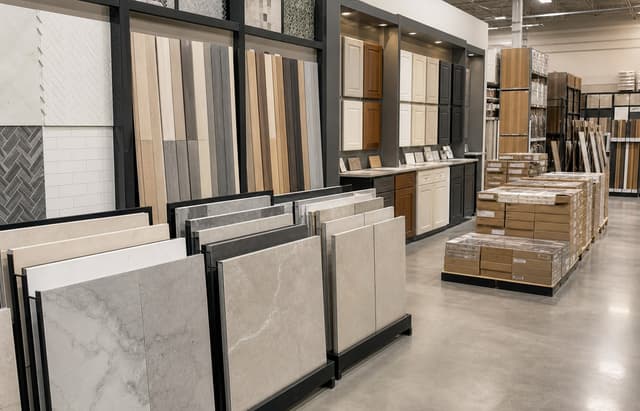 Large-format tile displays in a flooring showroom