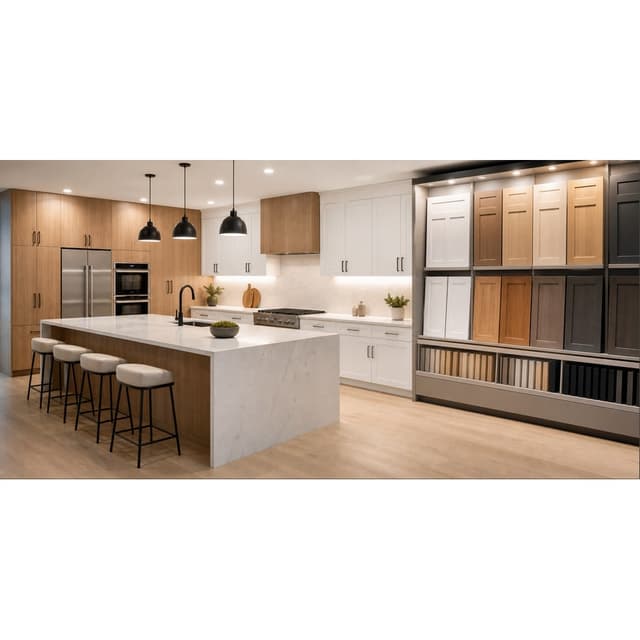White shaker and natural wood kitchen cabinet showroom display