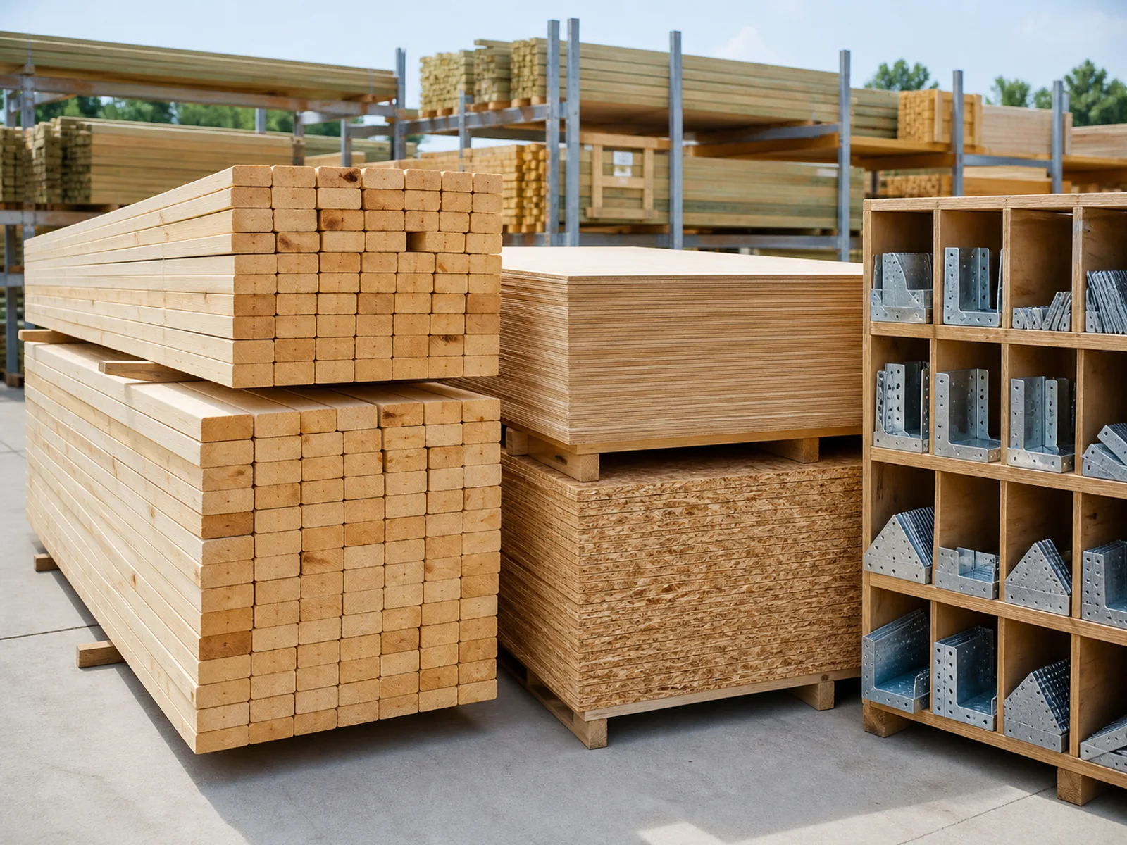 Framing lumber organized at a professional material yard