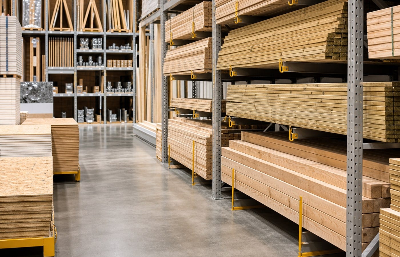 Lumber and plywood staged for residential construction