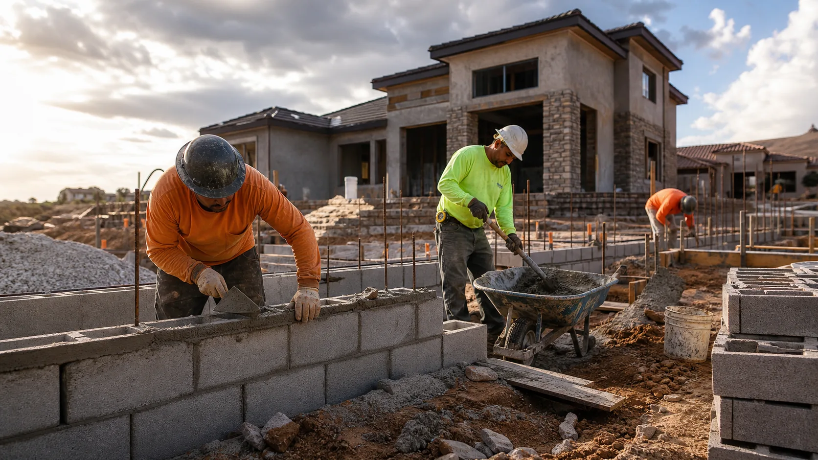 Masons building a residential concrete block foundation