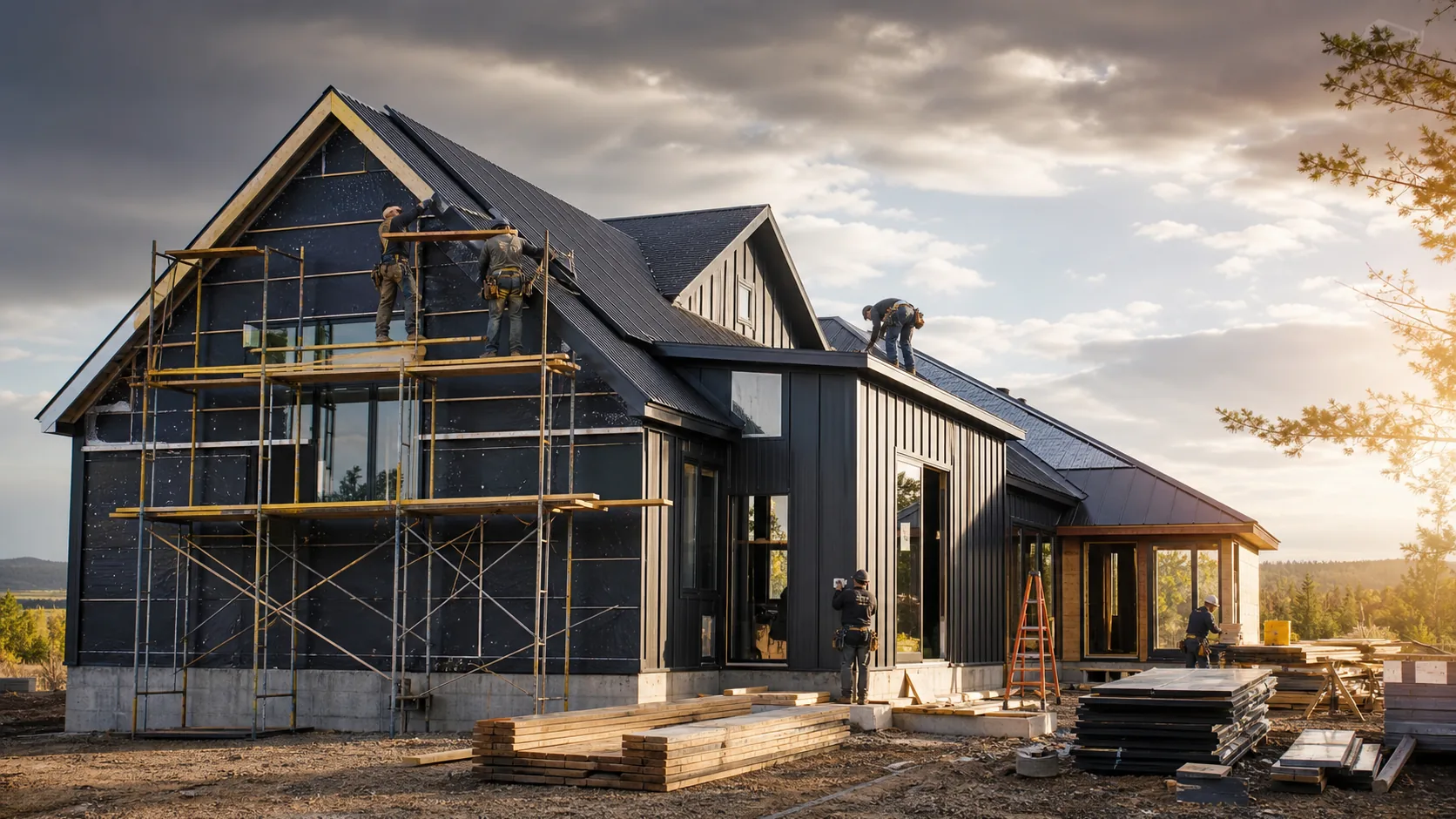 Workers installing siding and the exterior envelope of a modern residence