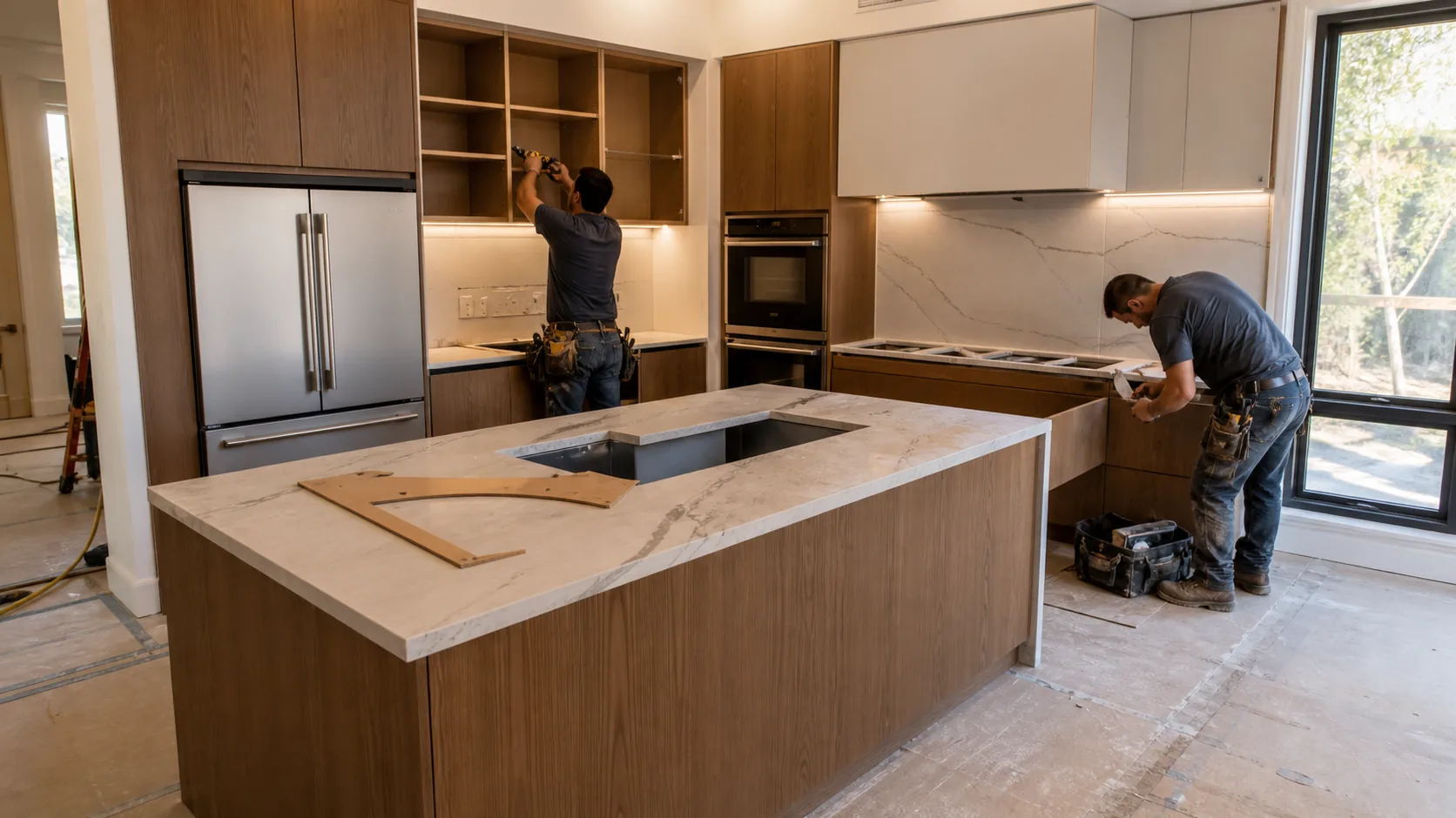 Cabinet installers working in a premium residential kitchen