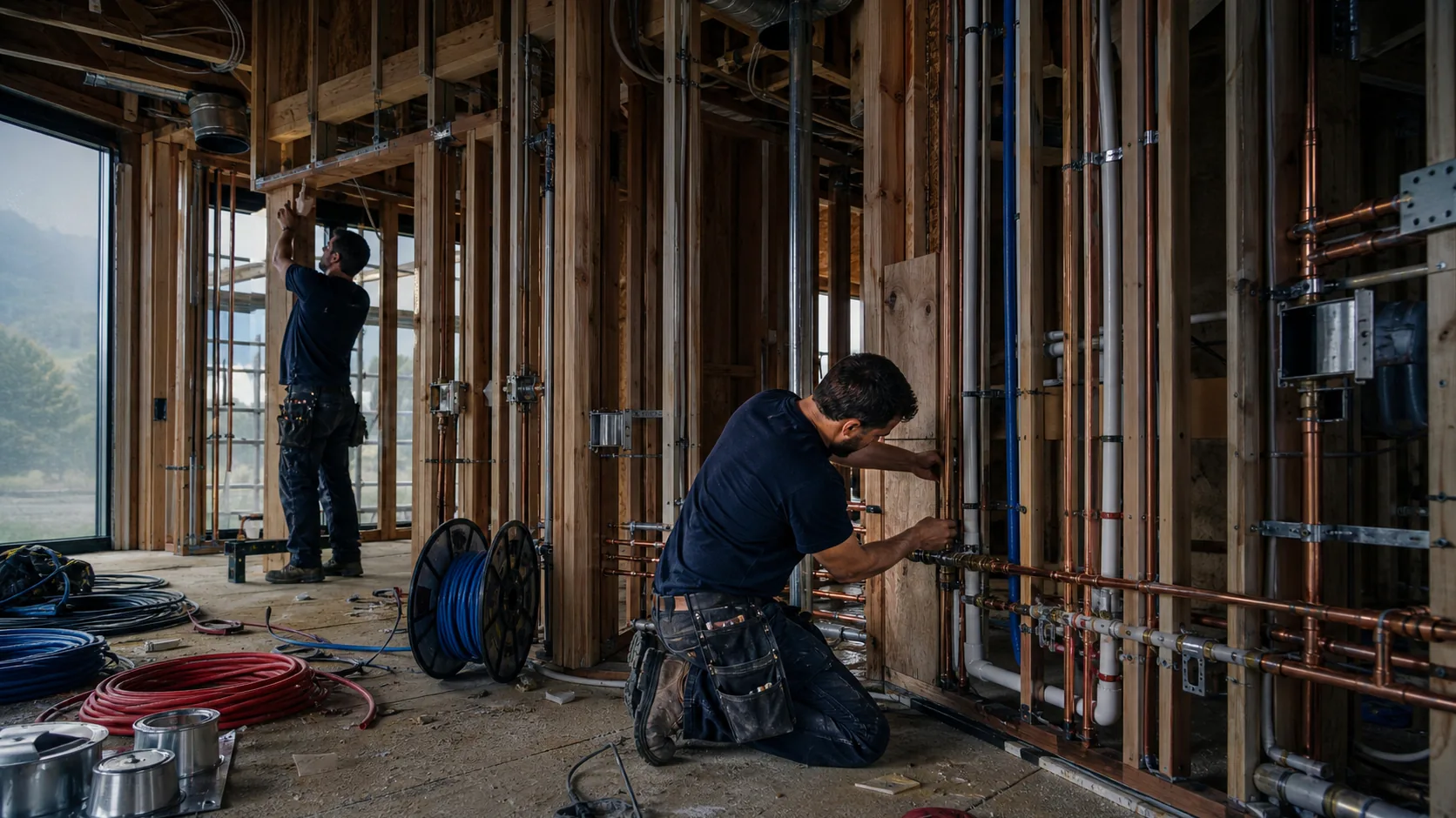 Electrical and plumbing trades working inside a framed residence