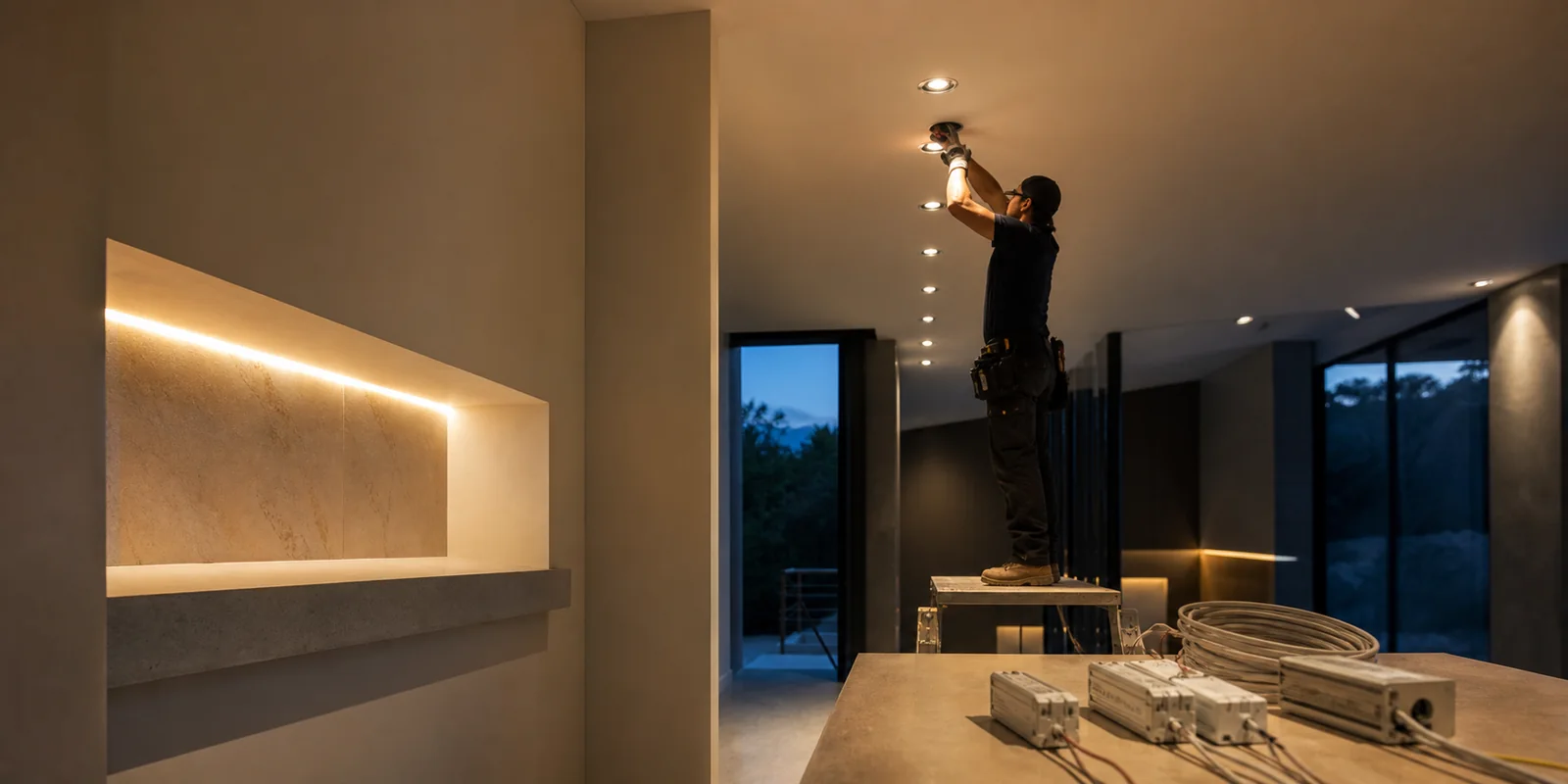 Architectural lighting being installed in a modern residence