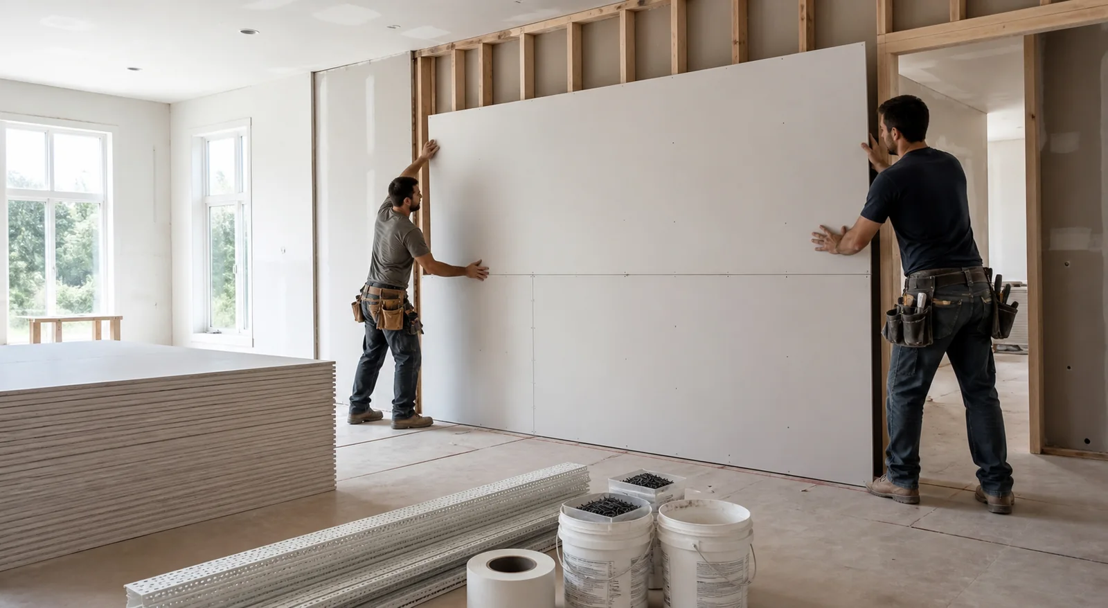 Professional drywall crew installing gypsum board
