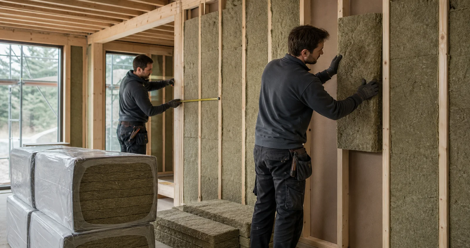 Mineral wool insulation being installed in residential framing