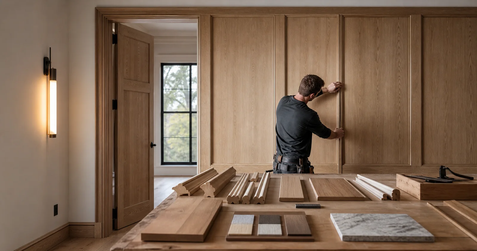 Finish carpenter installing refined interior millwork