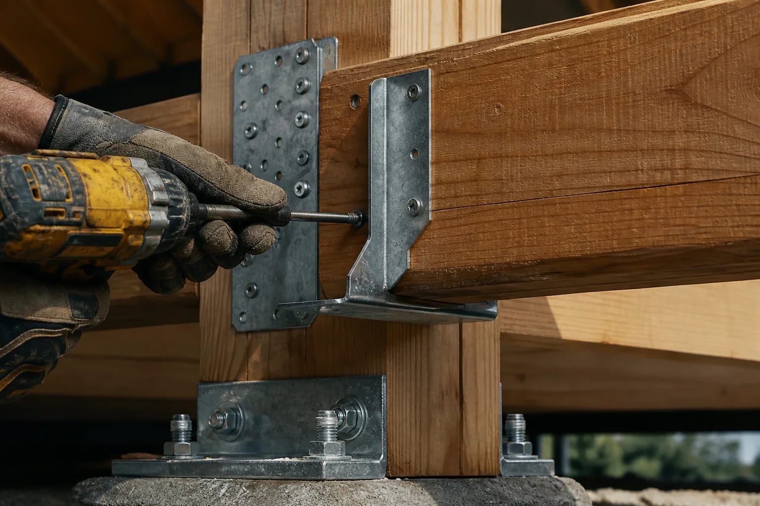 Structural hardware being installed on heavy timber framing