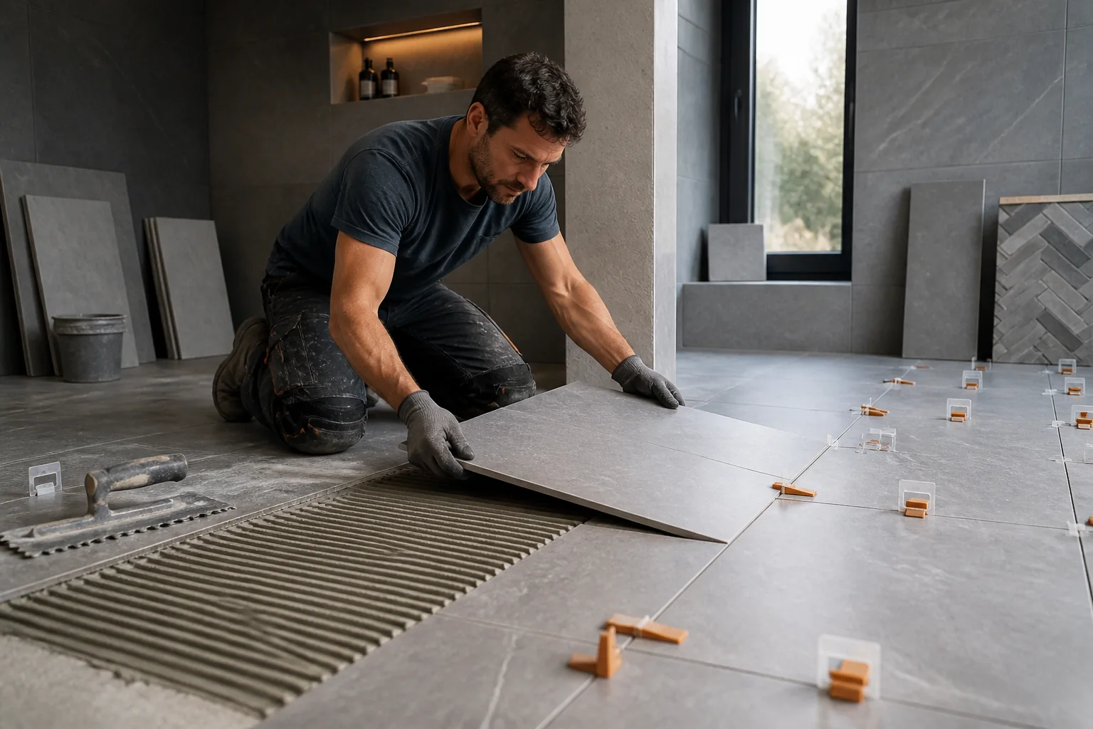 Large-format porcelain tile being installed precisely